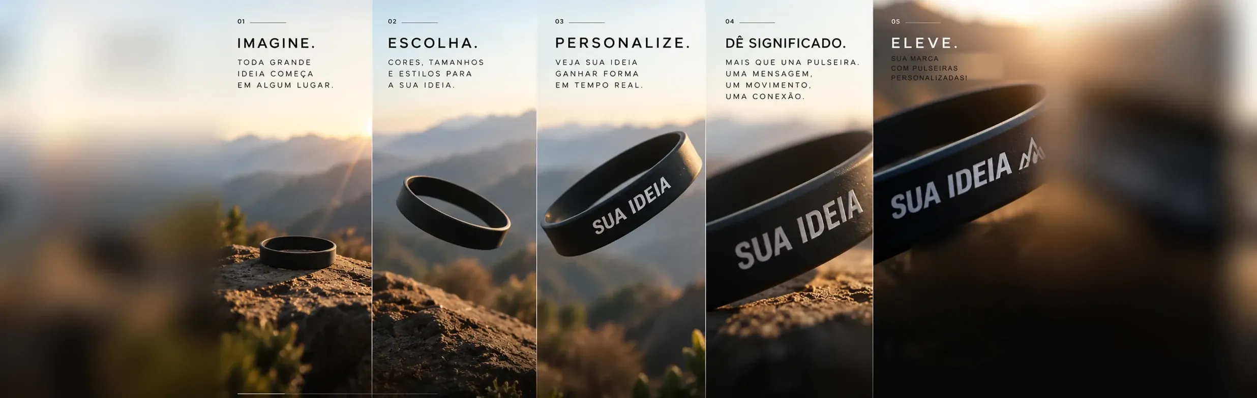 Pulseira de silicone preta personalizada com o texto SUA IDEIA, em cinco quadros sobre uma montanha ao pôr do sol