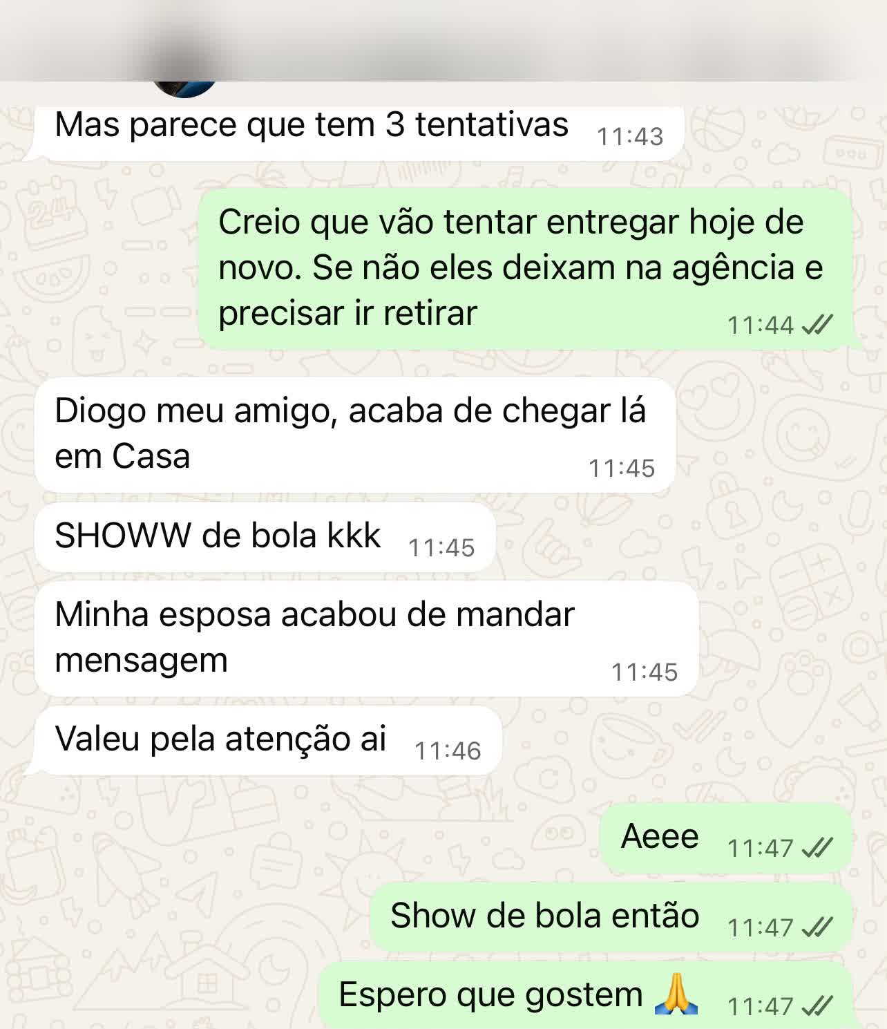 Captura de conversa real de WhatsApp confirmando a entrega de um pedido, com nome e telefone do cliente removidos